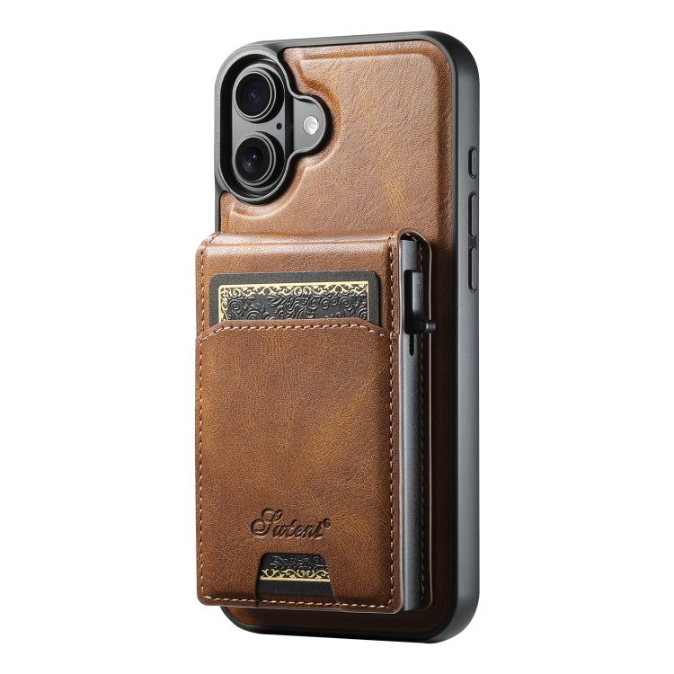 For iPhone 16 Plus Suteni H19 Oil Wax 2-in-1 MagSafe Removable Card Box Back Phone Case(Brown)