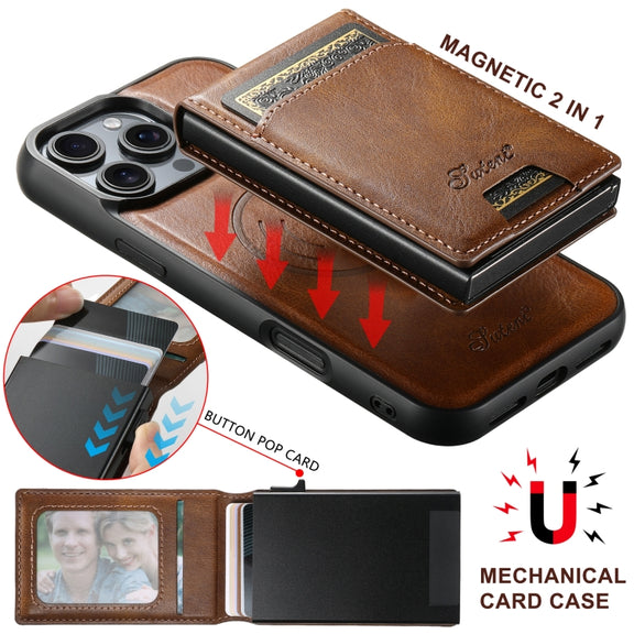 For iPhone 16 Plus Suteni H19 Oil Wax 2-in-1 MagSafe Removable Card Box Back Phone Case(Brown)