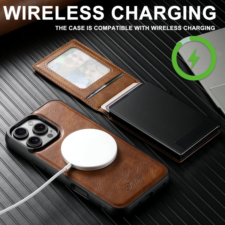 For iPhone 16 Plus Suteni H19 Oil Wax 2-in-1 MagSafe Removable Card Box Back Phone Case(Brown)