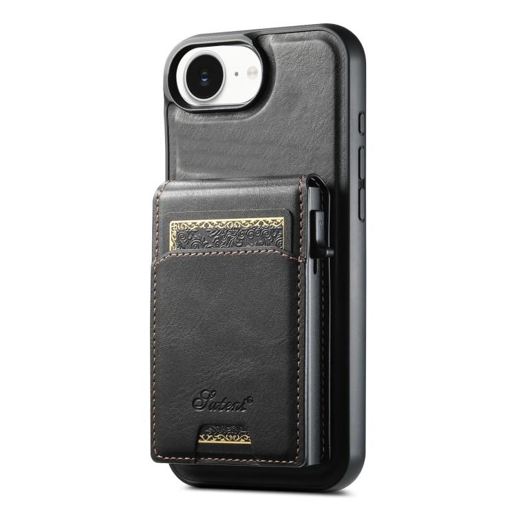 For iPhone 16e Suteni H19 Oil Wax 2-in-1 MagSafe Removable Card Box Back Phone Case(Black)