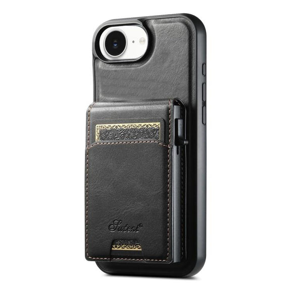 For iPhone 16e Suteni H19 Oil Wax 2-in-1 MagSafe Removable Card Box Back Phone Case(Black)