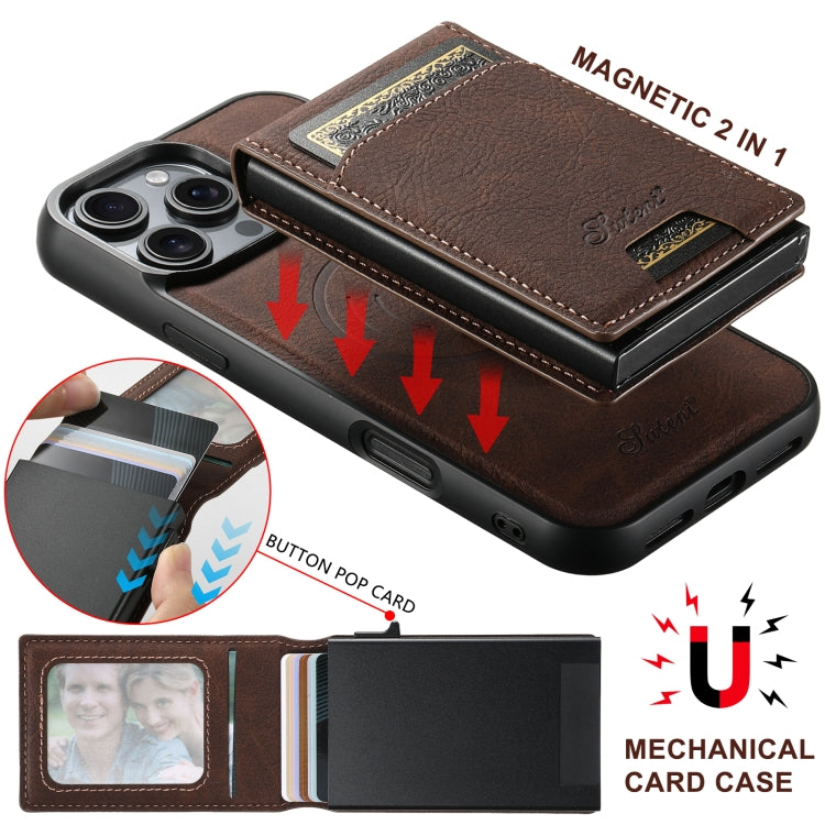 For iPhone 16 Pro Max Suteni H19 Litchi Grain 2-in-1 MagSafe Removable Card Box Back Phone Case(Brown)