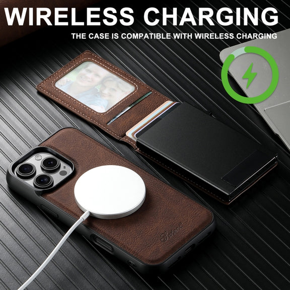 For iPhone 16 Pro Max Suteni H19 Litchi Grain 2-in-1 MagSafe Removable Card Box Back Phone Case(Brown)