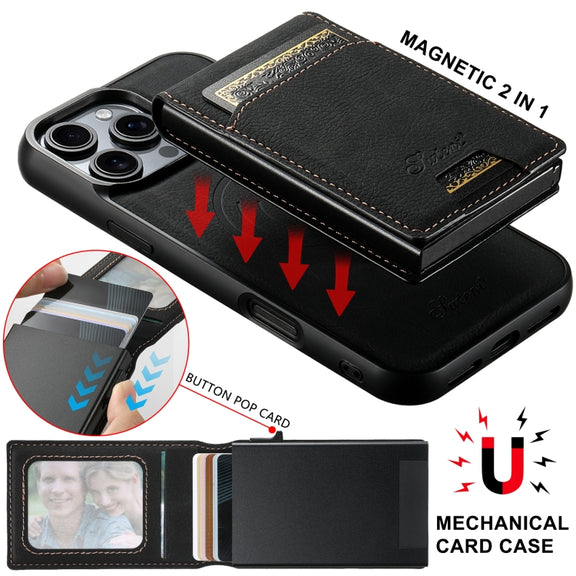 For iPhone 16 Suteni H19 Litchi Grain 2-in-1 MagSafe Removable Card Box Back Phone Case(Black)