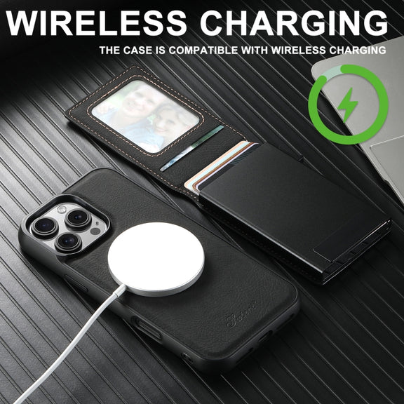 For iPhone 16 Suteni H19 Litchi Grain 2-in-1 MagSafe Removable Card Box Back Phone Case(Black)