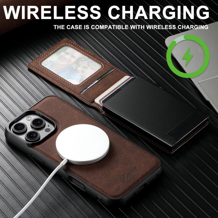 For iPhone 16e Suteni H19 Litchi Grain 2-in-1 MagSafe Removable Card Box Back Phone Case(Brown)