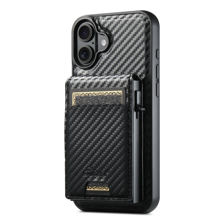 For iPhone 16 Plus Suteni H19 Carbon Fiber Grain 2-in-1 MagSafe Removable Card Box Back Phone Case(Black)