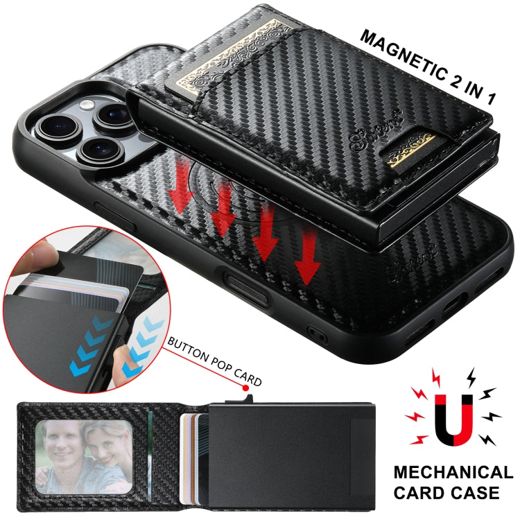 For iPhone 16 Plus Suteni H19 Carbon Fiber Grain 2-in-1 MagSafe Removable Card Box Back Phone Case(Black)
