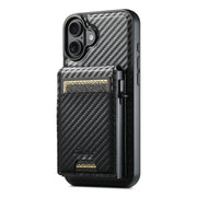 For iPhone 16 Plus Suteni H19 Carbon Fiber Grain 2-in-1 MagSafe Removable Card Box Back Phone Case(Black)