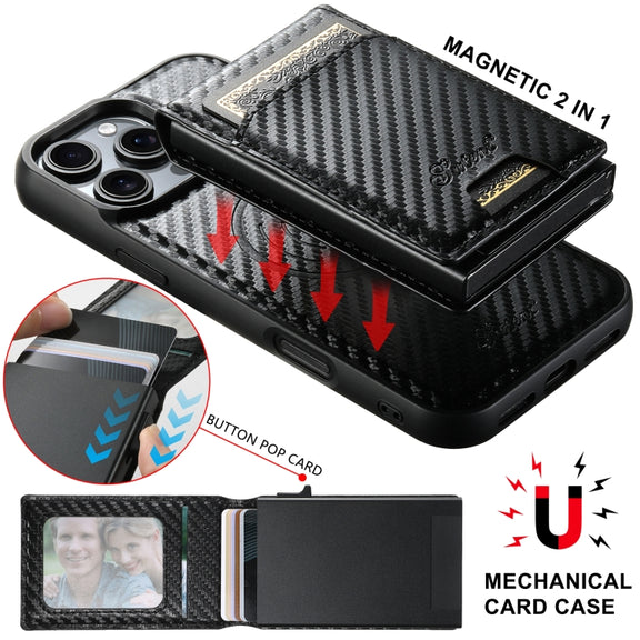 For iPhone 16 Plus Suteni H19 Carbon Fiber Grain 2-in-1 MagSafe Removable Card Box Back Phone Case(Black)