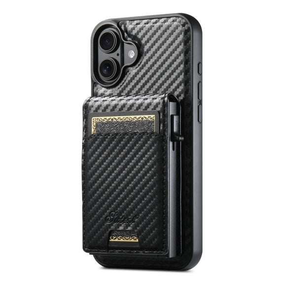 For iPhone 16 Plus Suteni H19 Carbon Fiber Grain 2-in-1 MagSafe Removable Card Box Back Phone Case(Black)