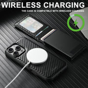 For iPhone 16 Plus Suteni H19 Carbon Fiber Grain 2-in-1 MagSafe Removable Card Box Back Phone Case(Black)