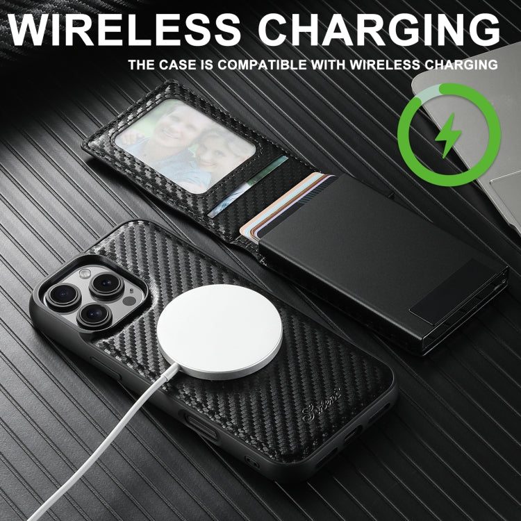 For iPhone 16 Plus Suteni H19 Carbon Fiber Grain 2-in-1 MagSafe Removable Card Box Back Phone Case(Black)