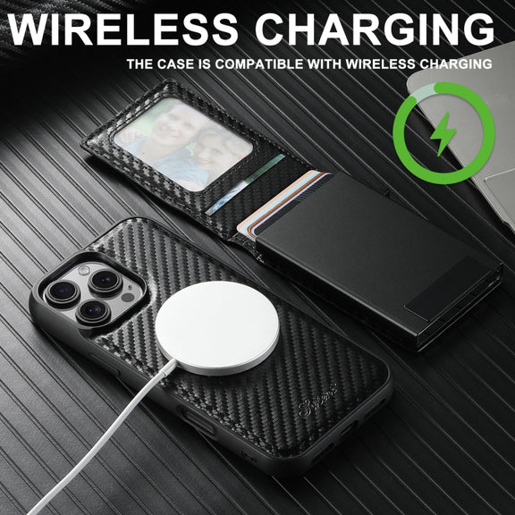 For iPhone 16 Suteni H19 Carbon Fiber Grain 2-in-1 MagSafe Removable Card Box Back Phone Case(Black)