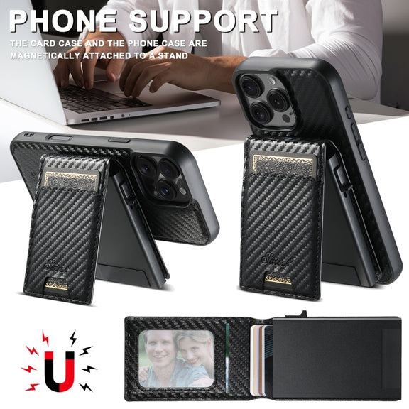 For iPhone 16 Suteni H19 Carbon Fiber Grain 2-in-1 MagSafe Removable Card Box Back Phone Case(Black)