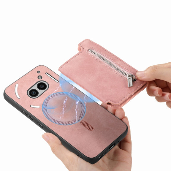 For Nothing CMF Phone 1 Retro MagSafe Zipper Wallet Card Bag Back Phone Case(Pink)