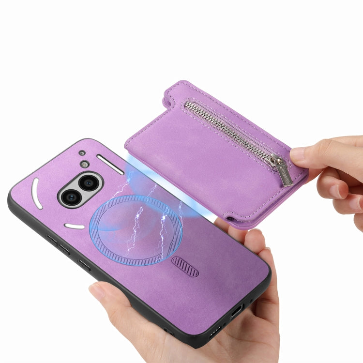 For Nothing CMF Phone 1 Retro MagSafe Zipper Wallet Card Bag Back Phone Case(Purple)