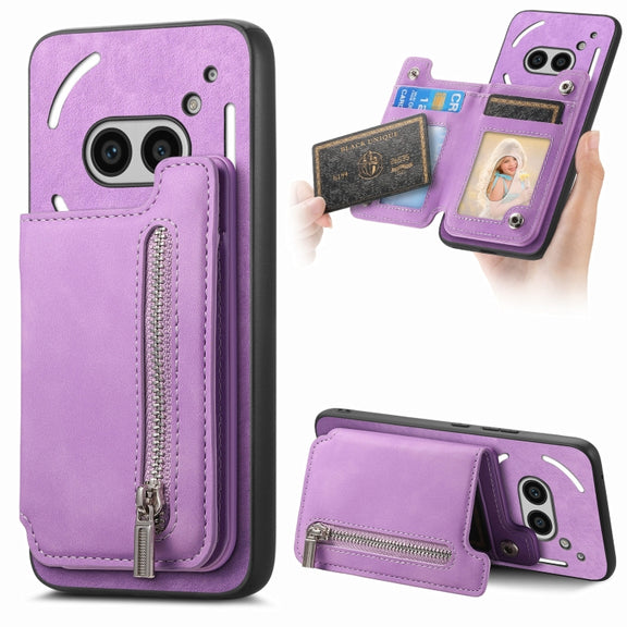 For Nothing CMF Phone 1 Retro MagSafe Zipper Wallet Card Bag Back Phone Case(Purple)