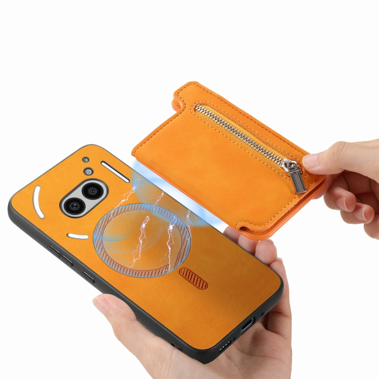 For Nothing Phone 2a Retro MagSafe Zipper Wallet Card Bag Back Phone Case(Yellow)
