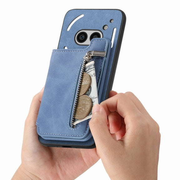 For Nothing Phone 2a Retro MagSafe Zipper Wallet Card Bag Back Phone Case(Blue)