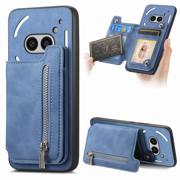 For Nothing Phone 2a Retro MagSafe Zipper Wallet Card Bag Back Phone Case(Blue)