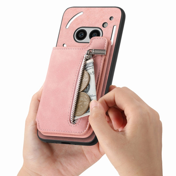 For Nothing Phone 2a Retro MagSafe Zipper Wallet Card Bag Back Phone Case(Pink)