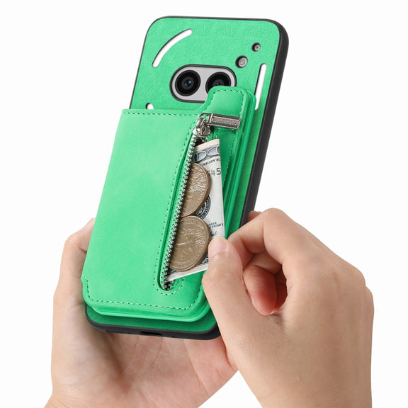 For Nothing Phone 2a Retro MagSafe Zipper Wallet Card Bag Back Phone Case(Green)