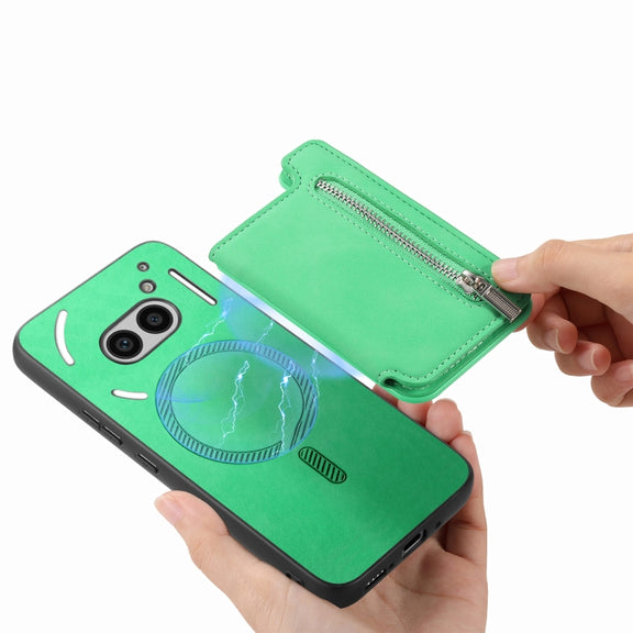 For Nothing Phone 2a Retro MagSafe Zipper Wallet Card Bag Back Phone Case(Green)