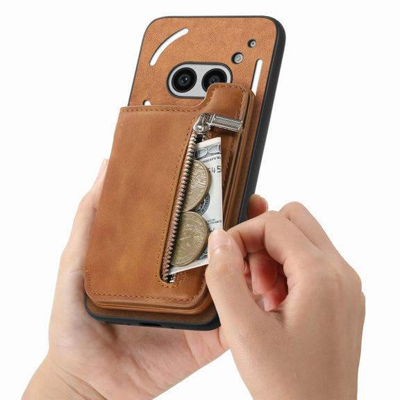 For Nothing Phone 2a Retro MagSafe Zipper Wallet Card Bag Back Phone Case(Brown)