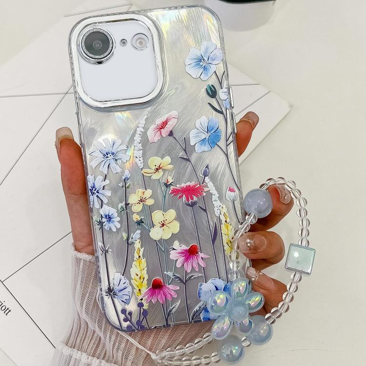For iPhone 16e Electroplating Flowers Plants Texture Wristband TPU Phone Case(Wildflower FL2)
