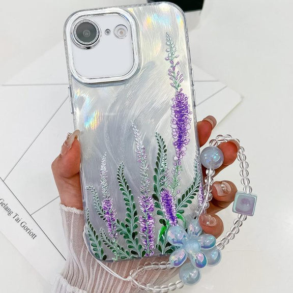 For iPhone 16e Electroplating Flowers Plants Texture Wristband TPU Phone Case(Lavender FL3)