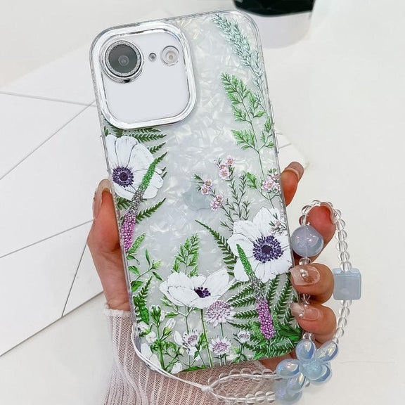 For iPhone 16e Electroplating Flowers Plants Texture Wristband TPU Phone Case(Green Plants FL5)