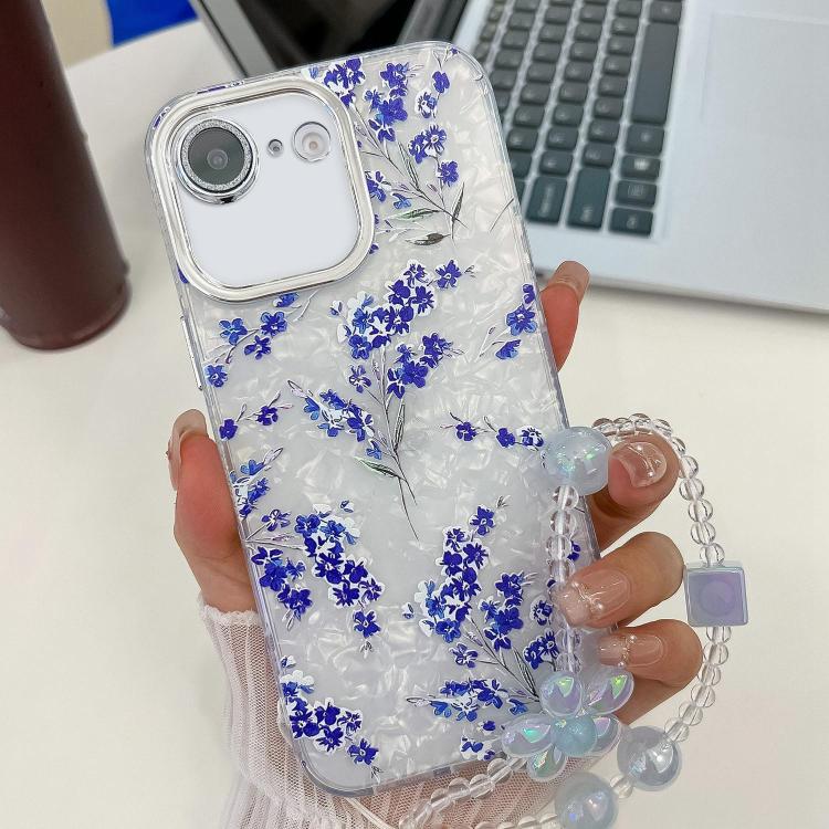 For iPhone 16e Electroplating Flowers Plants Texture Wristband TPU Phone Case(Blue Flower FL13)