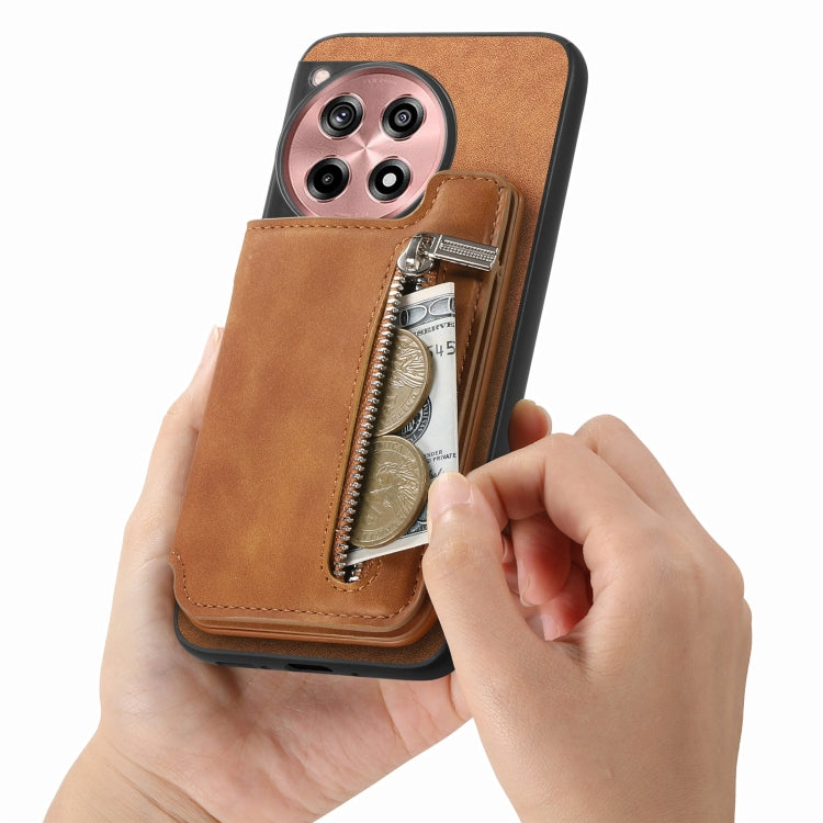 For OnePlus Nord CE4 / Ace 3V Retro MagSafe Zipper Wallet Card Bag Back Phone Case(Brown)
