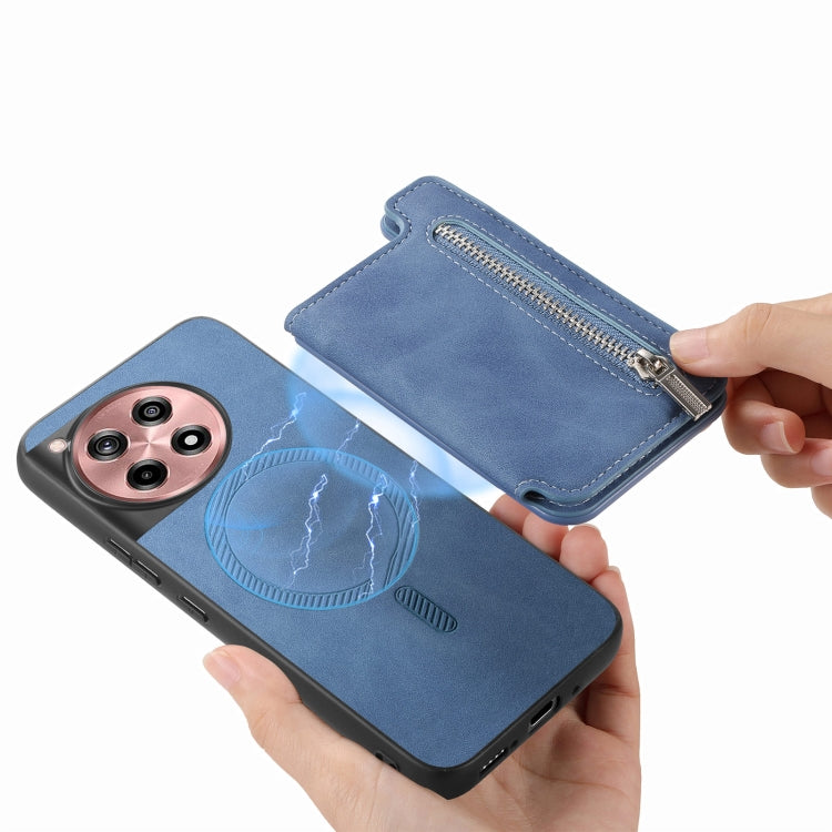 For OnePlus Ace 3 5G / 12R 5G Retro MagSafe Zipper Wallet Card Bag Back Phone Case(Blue)