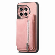 For OnePlus Ace 3 5G / 12R 5G Retro MagSafe Zipper Wallet Card Bag Back Phone Case(Pink)