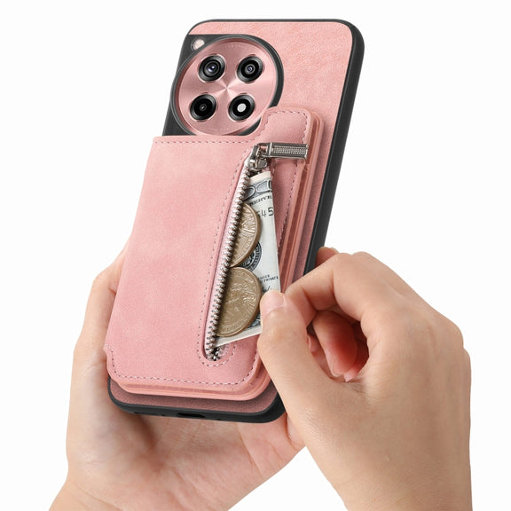 For OnePlus Ace 3 5G / 12R 5G Retro MagSafe Zipper Wallet Card Bag Back Phone Case(Pink)