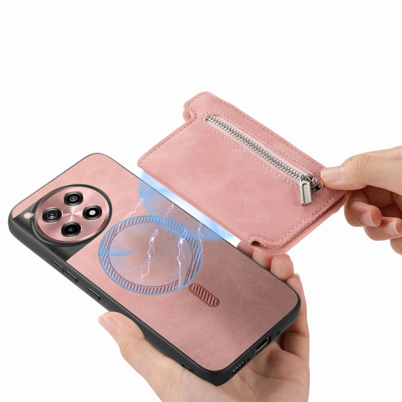 For OnePlus Ace 3 5G / 12R 5G Retro MagSafe Zipper Wallet Card Bag Back Phone Case(Pink)