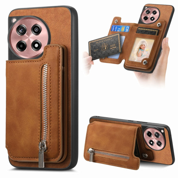 For OnePlus Ace 3 5G / 12R 5G Retro MagSafe Zipper Wallet Card Bag Back Phone Case(Brown)