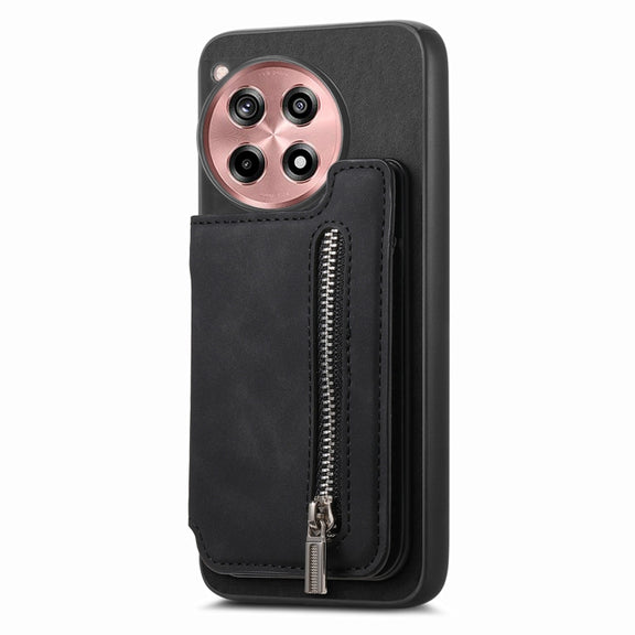 For OnePlus Ace 3 5G / 12R 5G Retro MagSafe Zipper Wallet Card Bag Back Phone Case(Black)