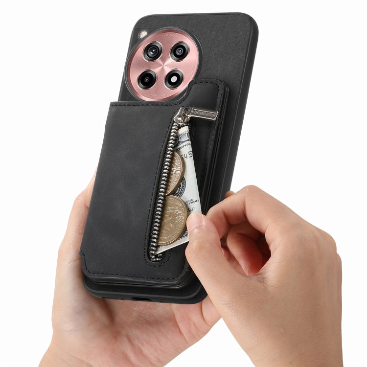 For OnePlus Ace 3 5G / 12R 5G Retro MagSafe Zipper Wallet Card Bag Back Phone Case(Black)