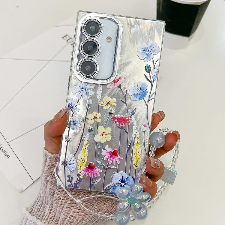 For Samsung Galaxy S25 5G Electroplating Flowers Plants Texture Wristband TPU Phone Case(Wildflower FL2)