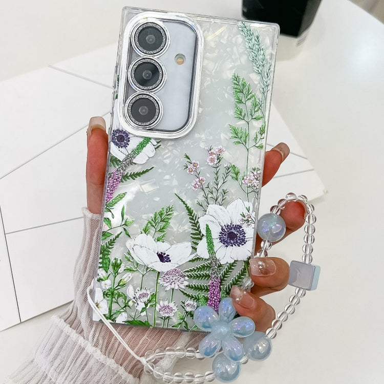 For Samsung Galaxy S25 5G Electroplating Flowers Plants Texture Wristband TPU Phone Case(Green Plants FL5)
