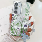 For Samsung Galaxy S25 5G Electroplating Flowers Plants Texture Wristband TPU Phone Case(Green Plants FL5)