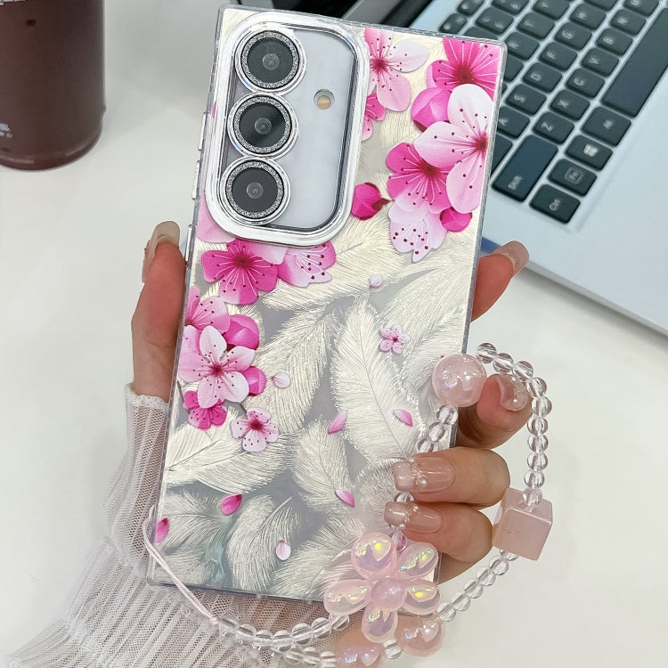 For Samsung Galaxy S25+ 5G Electroplating Flowers Plants Texture Wristband TPU Phone Case(Peach Blossom FL18)