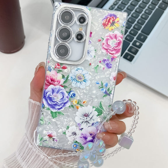 For Samsung Galaxy S25 Ultra 5G Electroplating Flowers Plants Texture Wristband TPU Phone Case(Peony FL14)