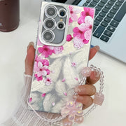 For Samsung Galaxy S25 Ultra 5G Electroplating Flowers Plants Texture Wristband TPU Phone Case(Peach Blossom FL18)