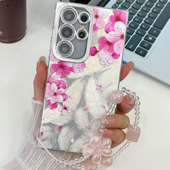 For Samsung Galaxy S25 Ultra 5G Electroplating Flowers Plants Texture Wristband TPU Phone Case(Peach Blossom FL18)