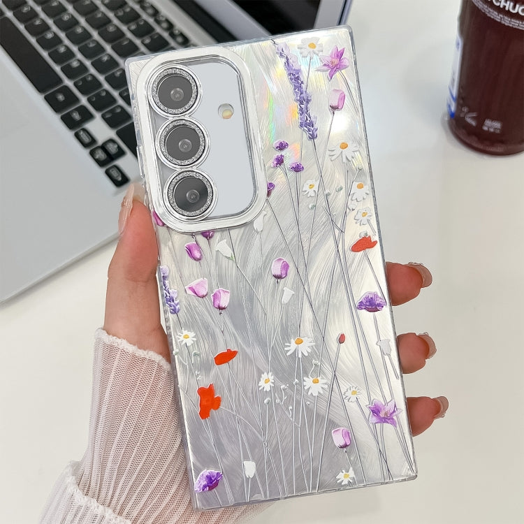 For Samsung Galaxy S25+ 5G Electroplating Flower Texture TPU Phone Case(Purple Wildflowers SH1)