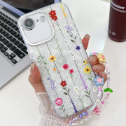 For iPhone 16e Electroplating Flower Texture Wristband TPU Phone Case(Yellow Wildflower SH6)